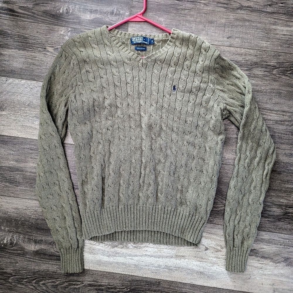 Polo Ralph Lauren Green Cable Knit V-Neck Sweater MEDIUM